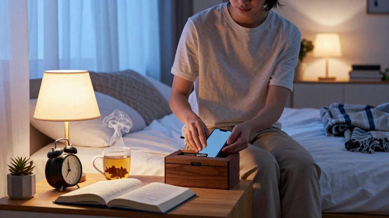 Pessoa guardando smartphone em caixa de madeira ao lado de cama, mesa com abajur, livro, relógio e chá quente.