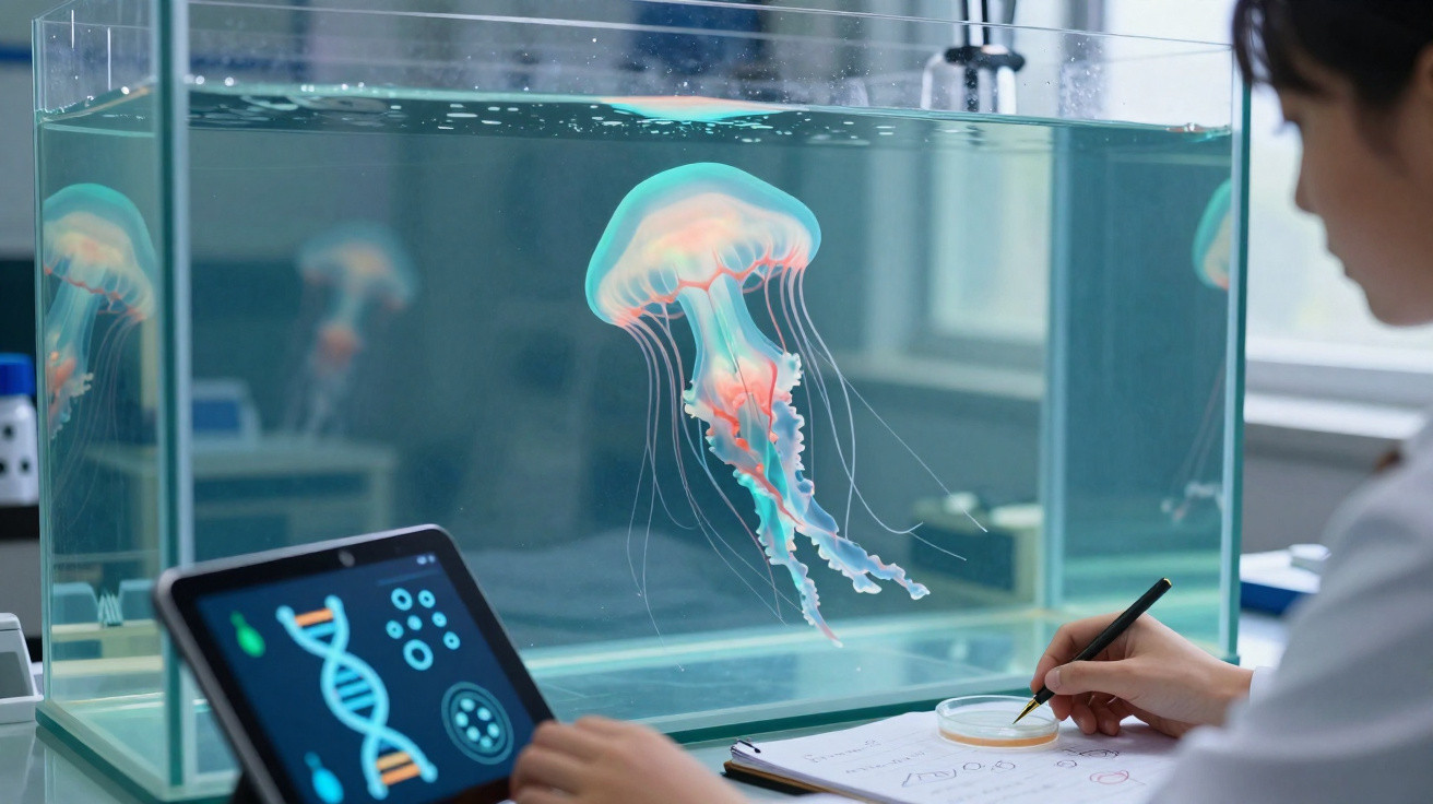 Pessoa em laboratório observando e anotando dados de uma água-viva em aquário com análise digital.