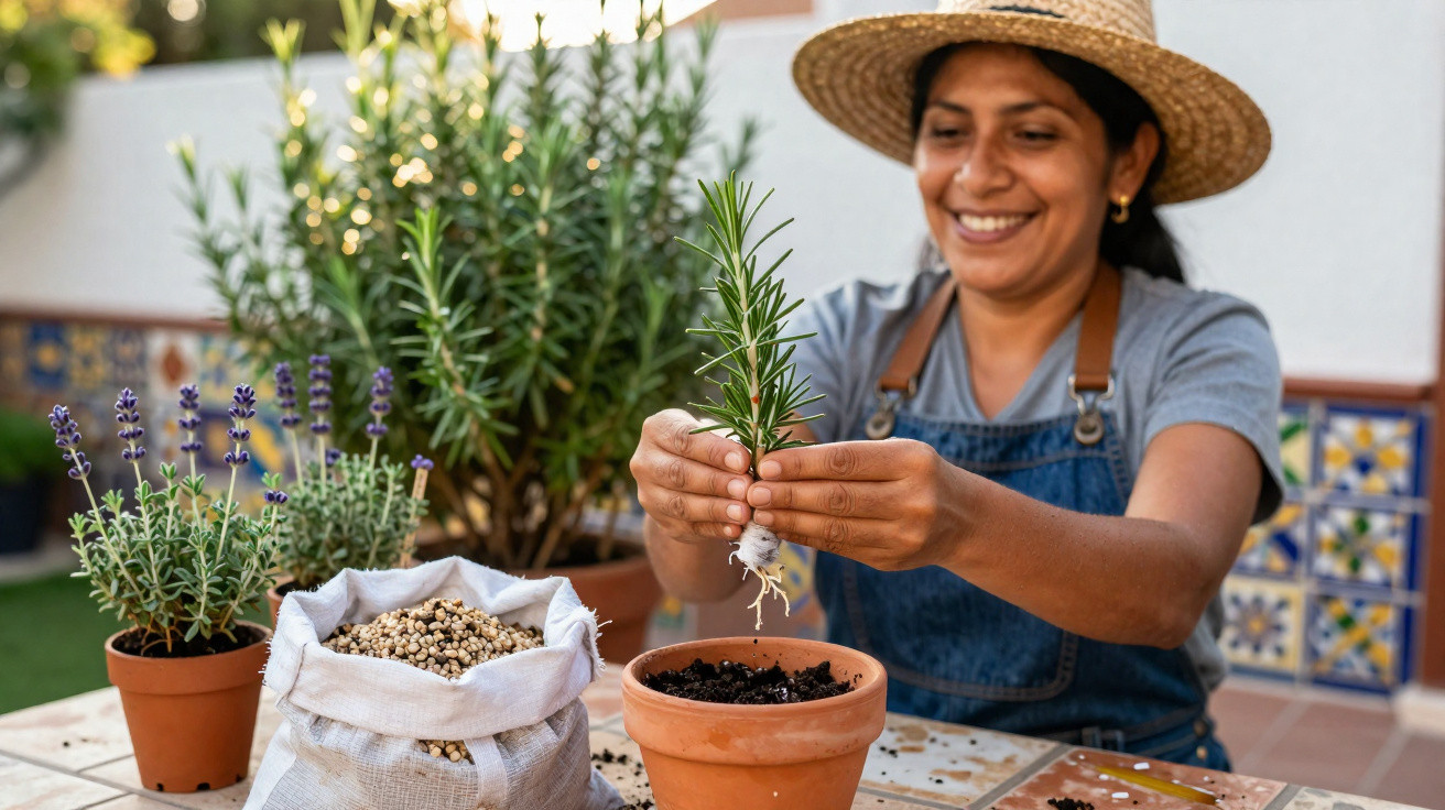 Mulher sorrindo plantando erva em vaso no jardim com sacola de grãos e plantas ao redor.