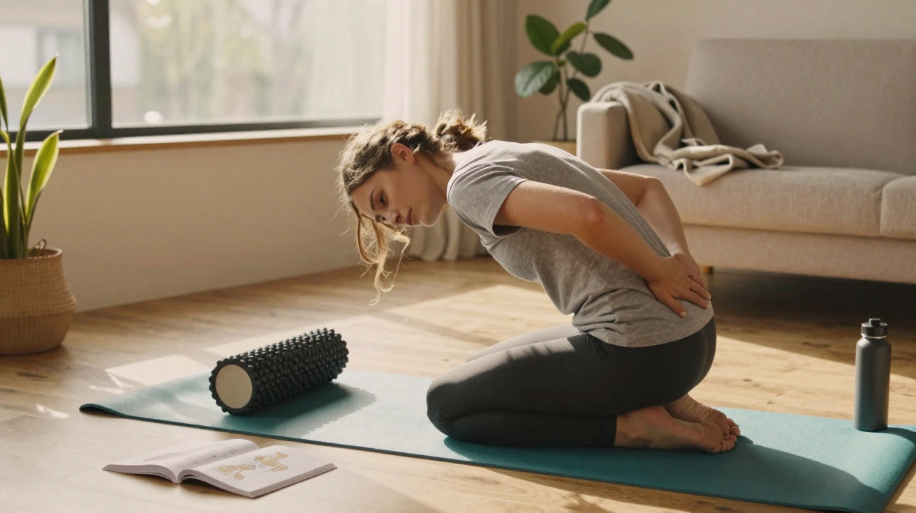 Mulher com dor nas costas fazendo alongamento em tapete de yoga em ambiente residencial iluminado.