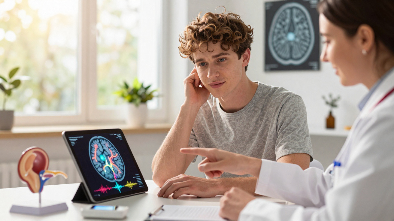 Paciente jovem ouvindo explicações de médica sobre imagem cerebral mostrada em tablet durante consulta.