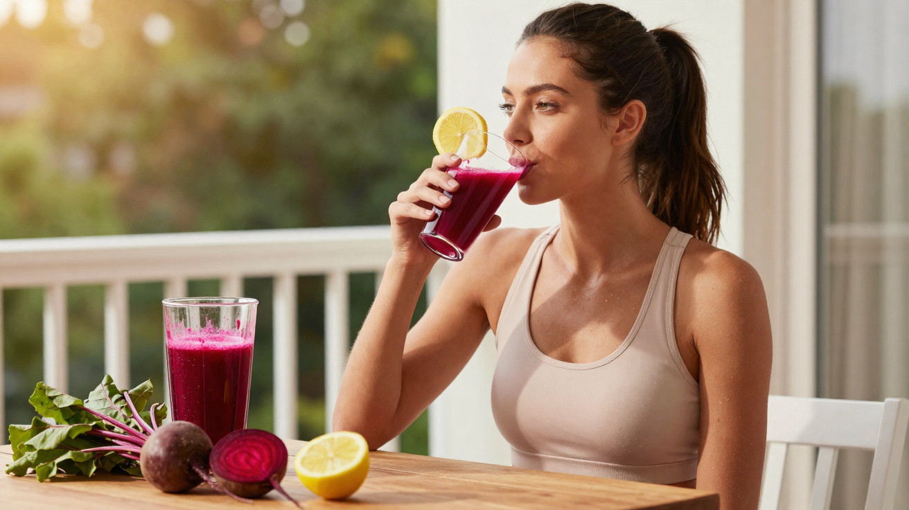 Mulher bebendo suco de beterraba com limão sentada à mesa ao ar livre no nascer do sol.