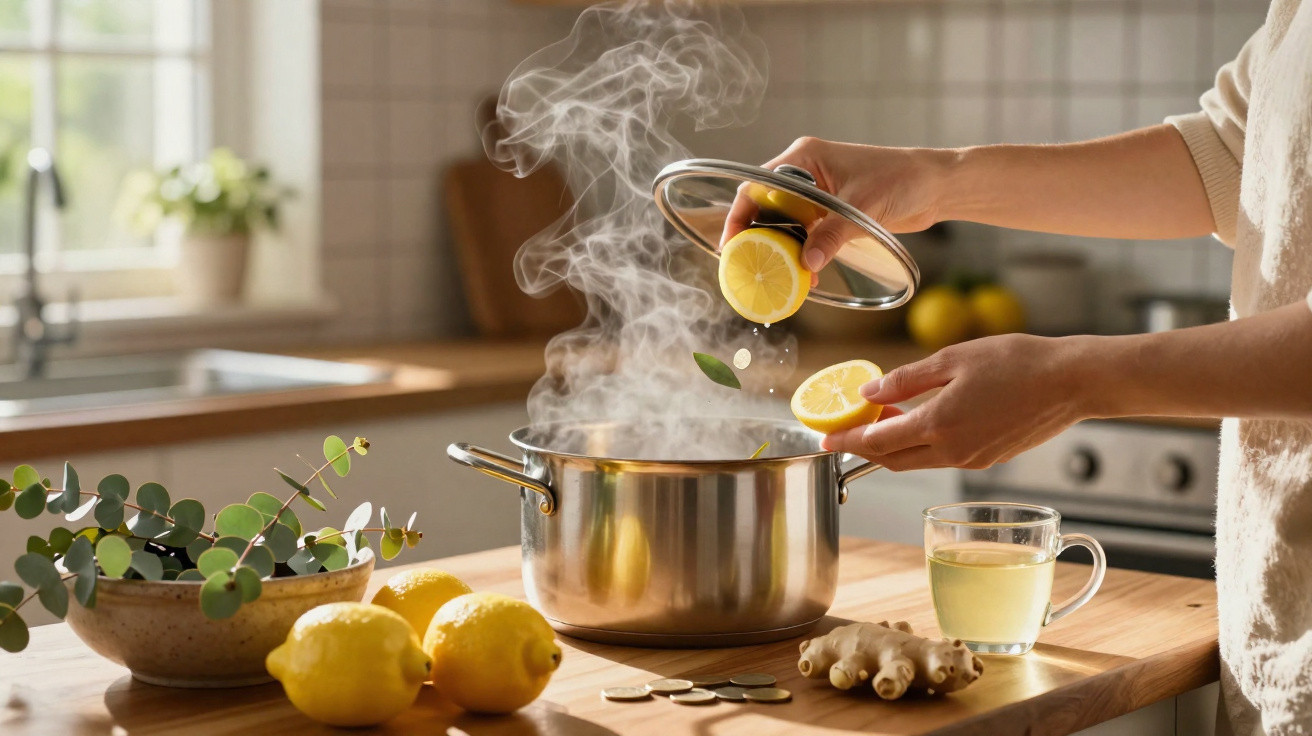 Mãos espremendo limão em panela com vapor em cozinha iluminada e bancada com limões e gengibre.