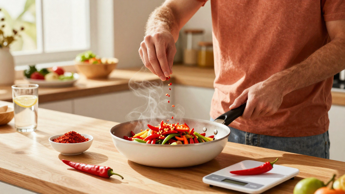 Pessoa temperando legumes coloridos em frigideira com pimenta vermelha em cozinha iluminada.