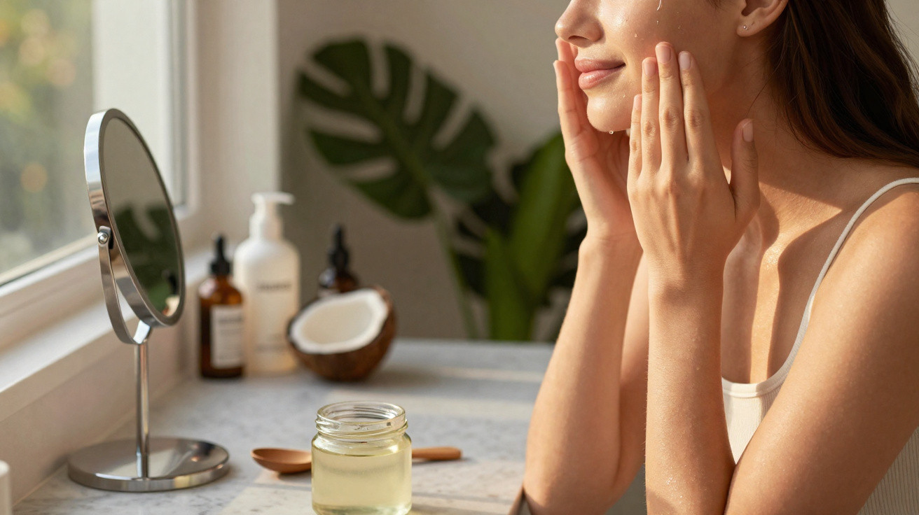 Mulher aplica creme facial sentada à mesa com espelho e produtos naturais ao fundo.
