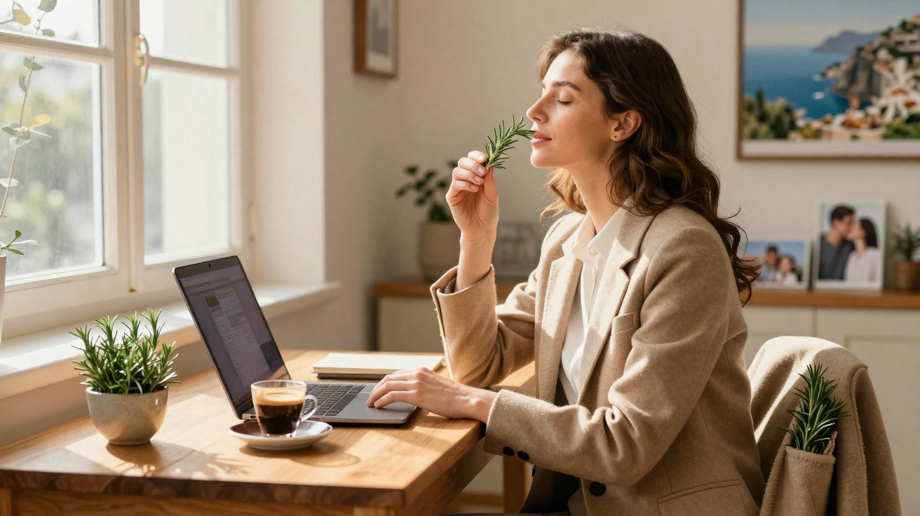 Mulher sentada em mesa com laptop, segurando ramo de planta perto do rosto, apreciando o aroma.