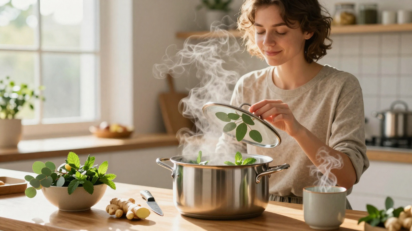 Mulher abrindo panela com ervas frescas na cozinha iluminada pelo sol da manhã.