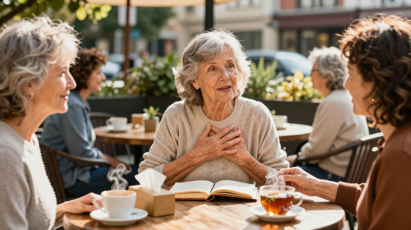 Três mulheres idosas conversam animadas em uma cafeteria ao ar livre com bebidas sobre a mesa.