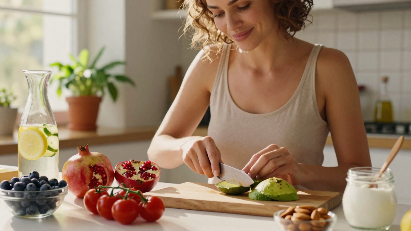 Mulher sorridente cortando abacate na cozinha com frutas, nozes e jarra de água com limão à sua frente.