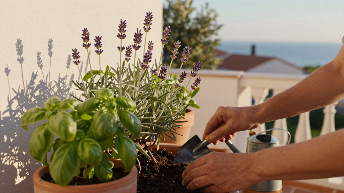 Mãos plantando ervas em vasos de barro na varanda sob luz do sol, com regador ao fundo.