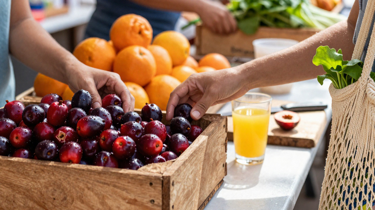 Mãos pegando frutas vermelhas em caixa de madeira, laranjas ao fundo e copo de suco de laranja na mesa.