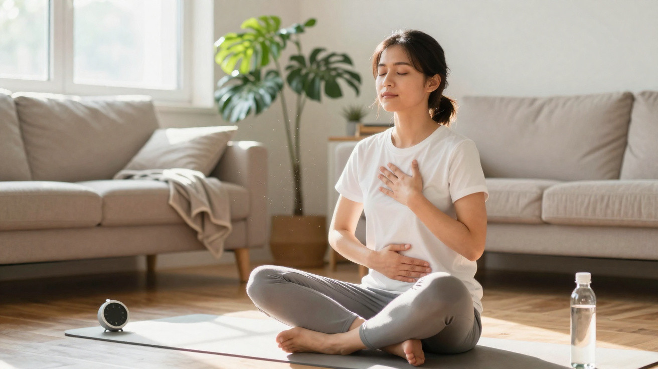 Mulher sentada em posição de lótus fazendo meditação com mãos no peito e abdômen em sala iluminada.