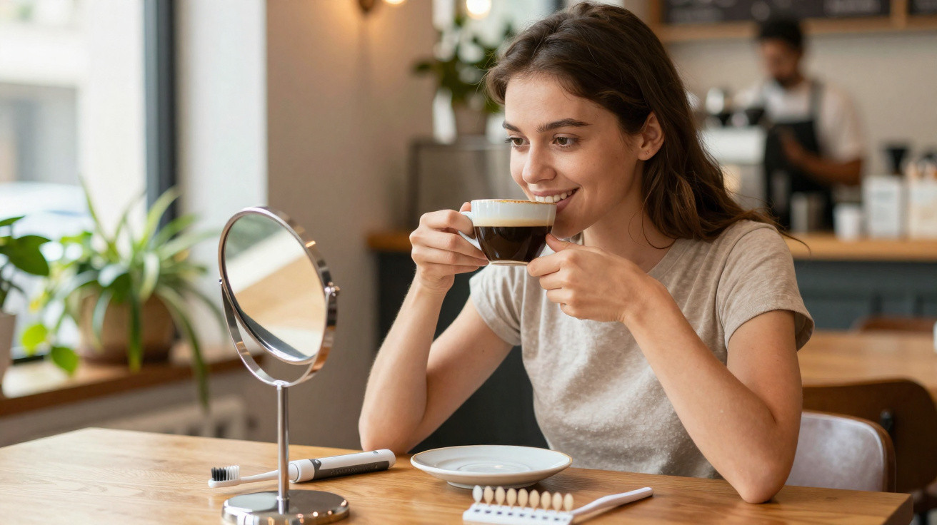 Mulher sorridente sentada à mesa tomando café em cafeteria moderna, com espelho e itens de maquiagem.