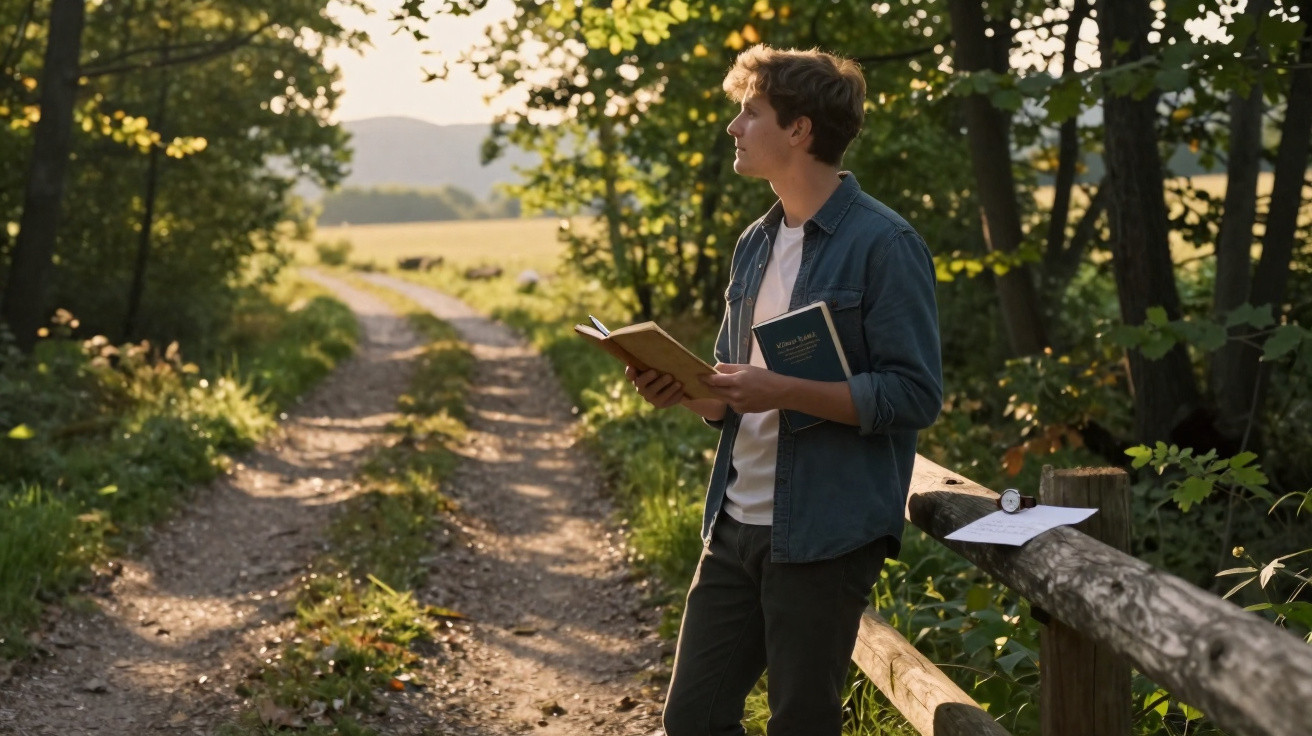 Jovem segurando dois livros e olhando pensativo em caminho rural cercado por árvores ao entardecer.