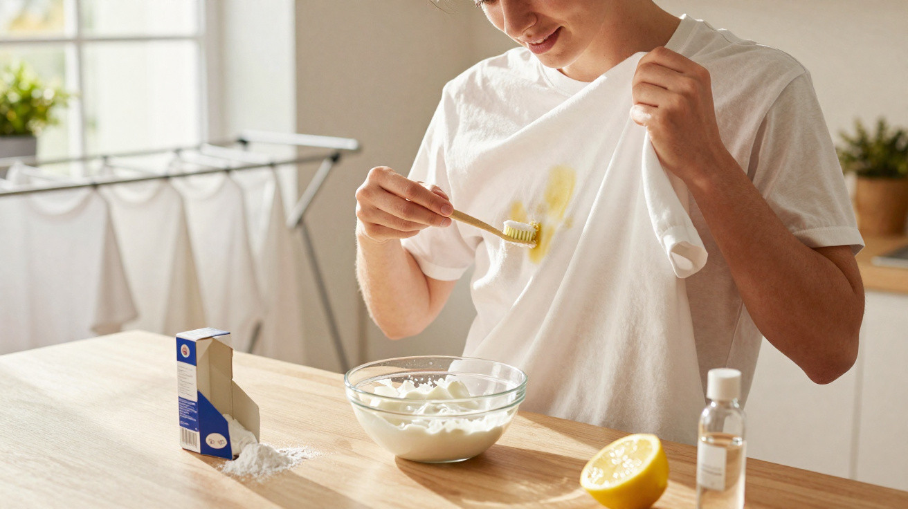Pessoa aplicando pasta caseira com bicarbonato e limão para tirar mancha amarela da camiseta branca.