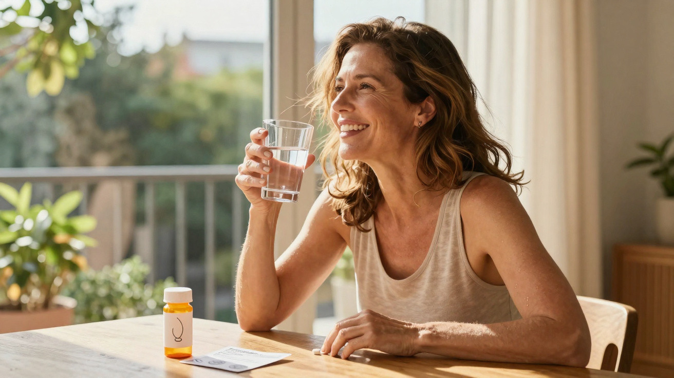 Mulher sorridente segurando copo d'água, sentada à mesa com frasco de remédio e bula.