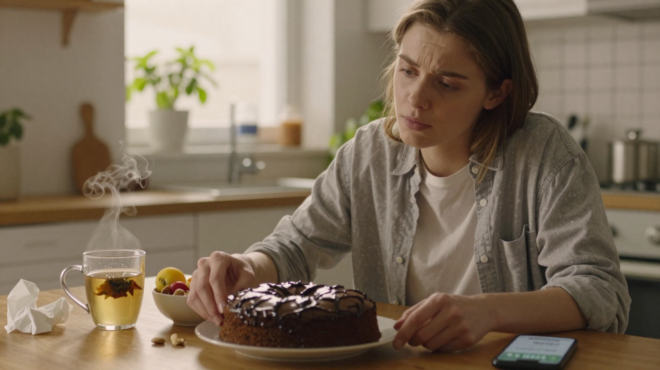 Mulher olhando pensativa para um bolo de chocolate na cozinha com chá quente e celular na mesa.