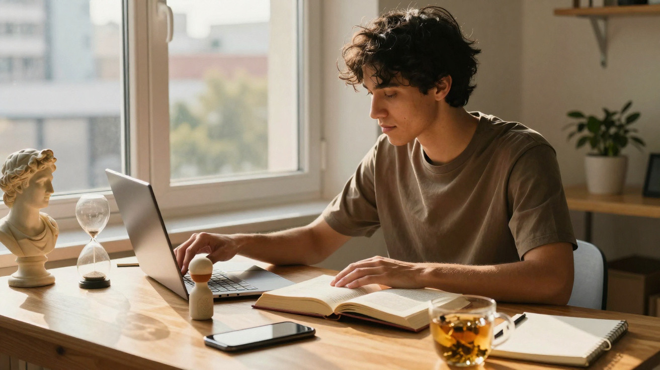 Jovem estudando com laptop e livro em mesa de madeira, ao lado de xícara de chá e objetos decorativos.