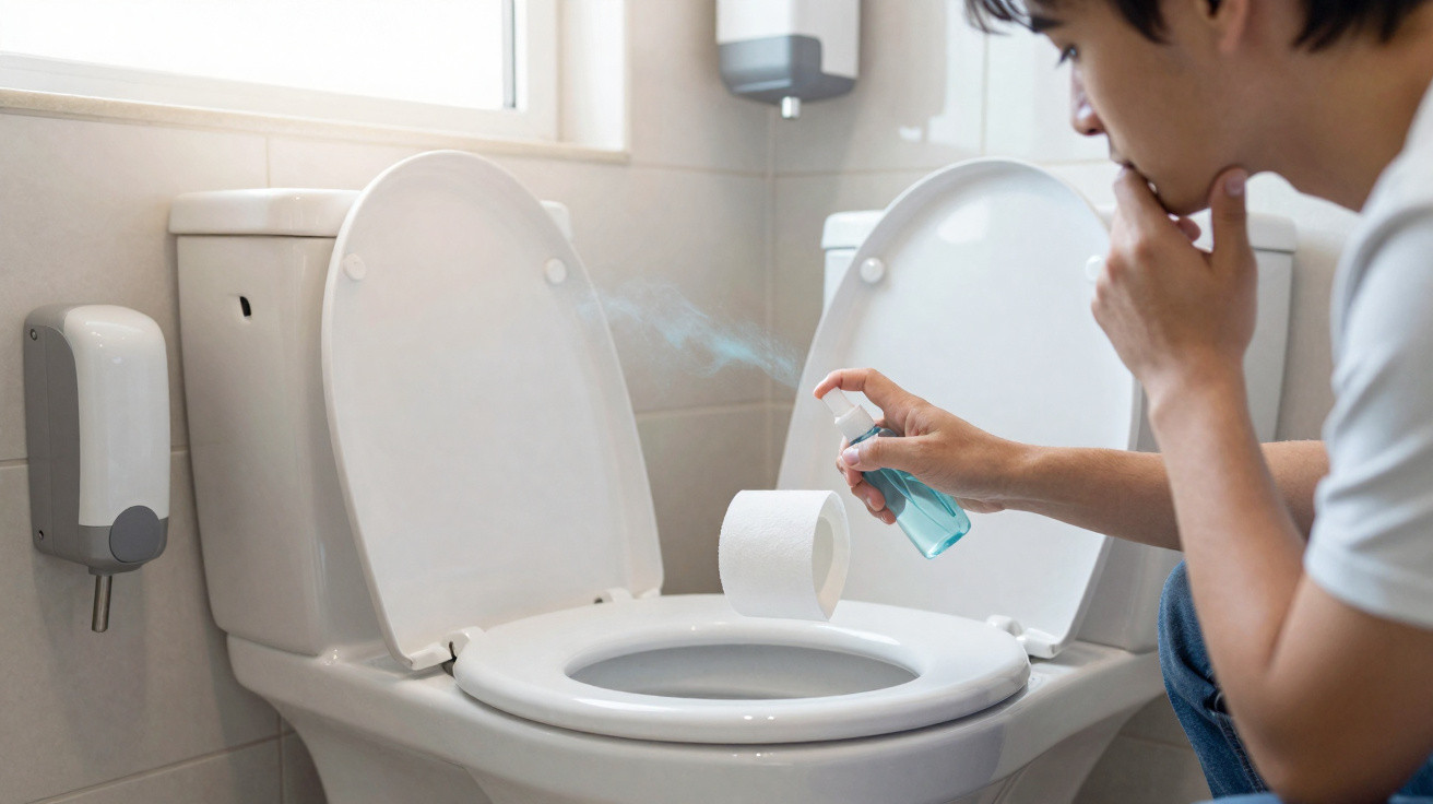 Homem aplicando spray eliminador de odores no vaso sanitário em banheiro.