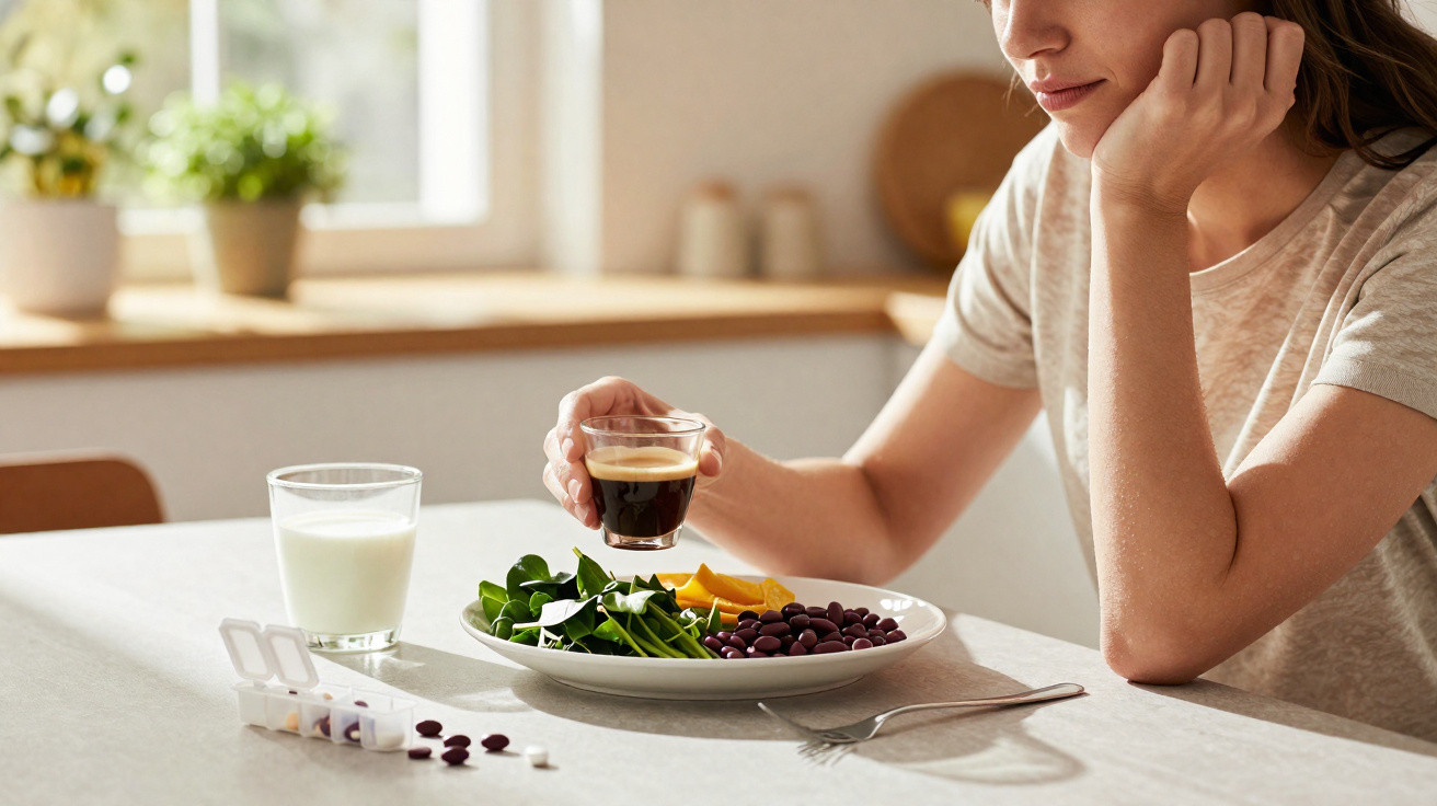 Mulher segurando café, com prato de comida saudável e remédios sobre mesa em cozinha iluminada.