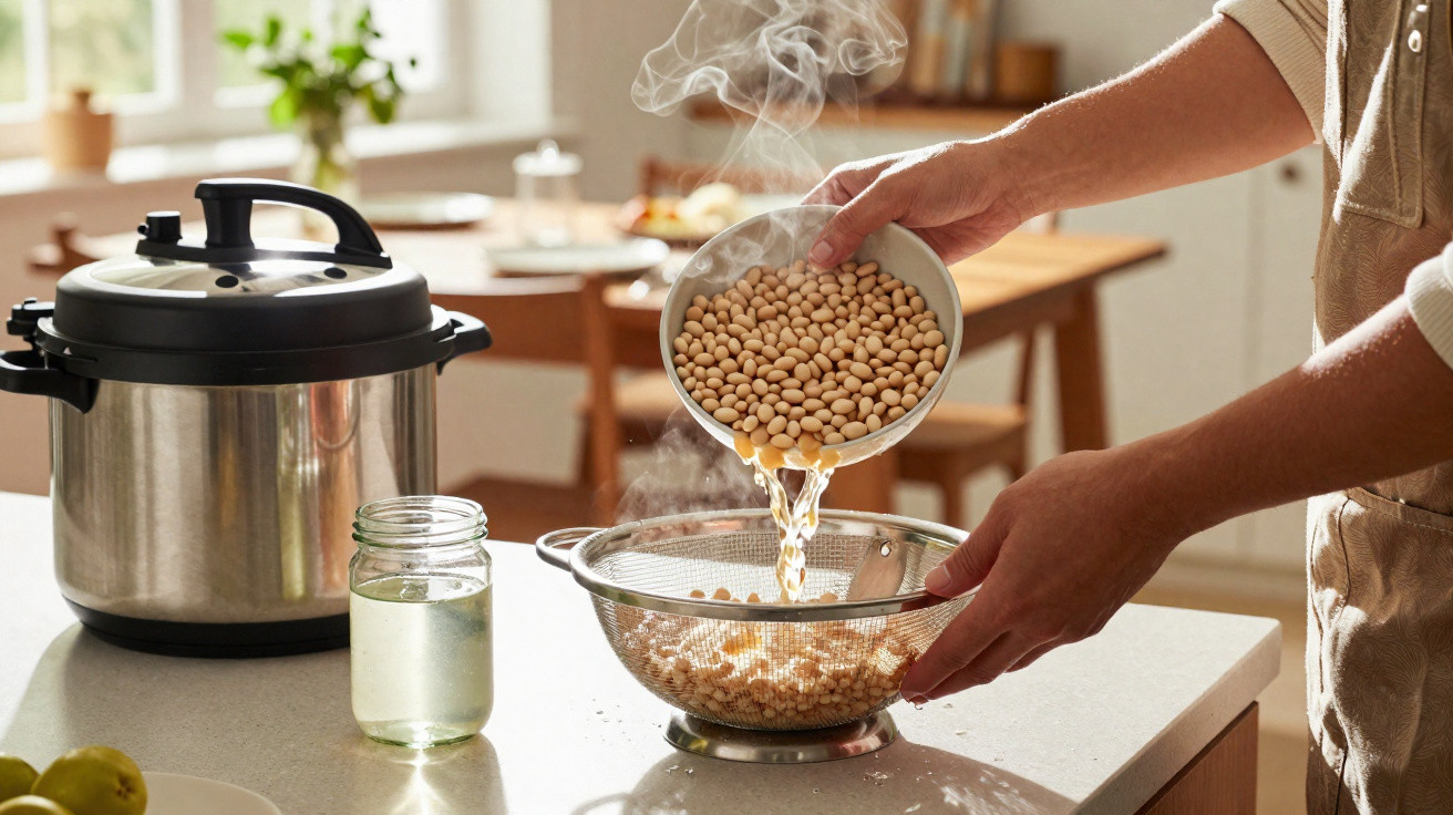 Pessoa escorrendo soja quente em peneira na cozinha, com panela de pressão e vidro de água na bancada.