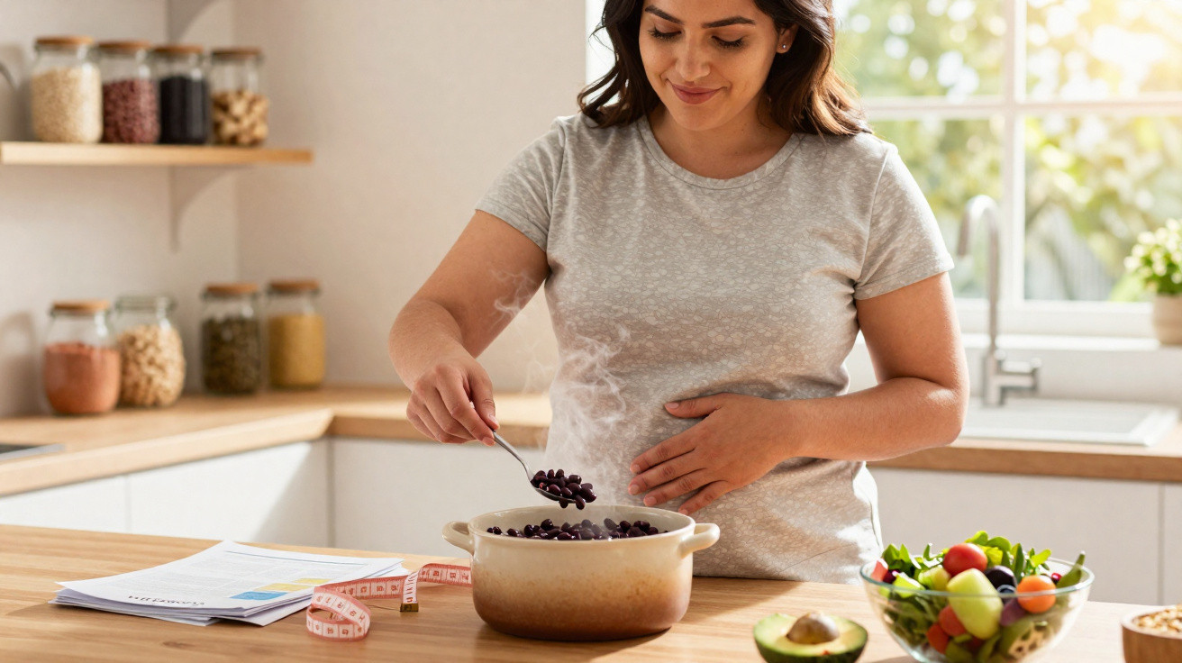 Mulher preparando feijão em panela na cozinha com alimentos saudáveis e fita métrica na bancada.