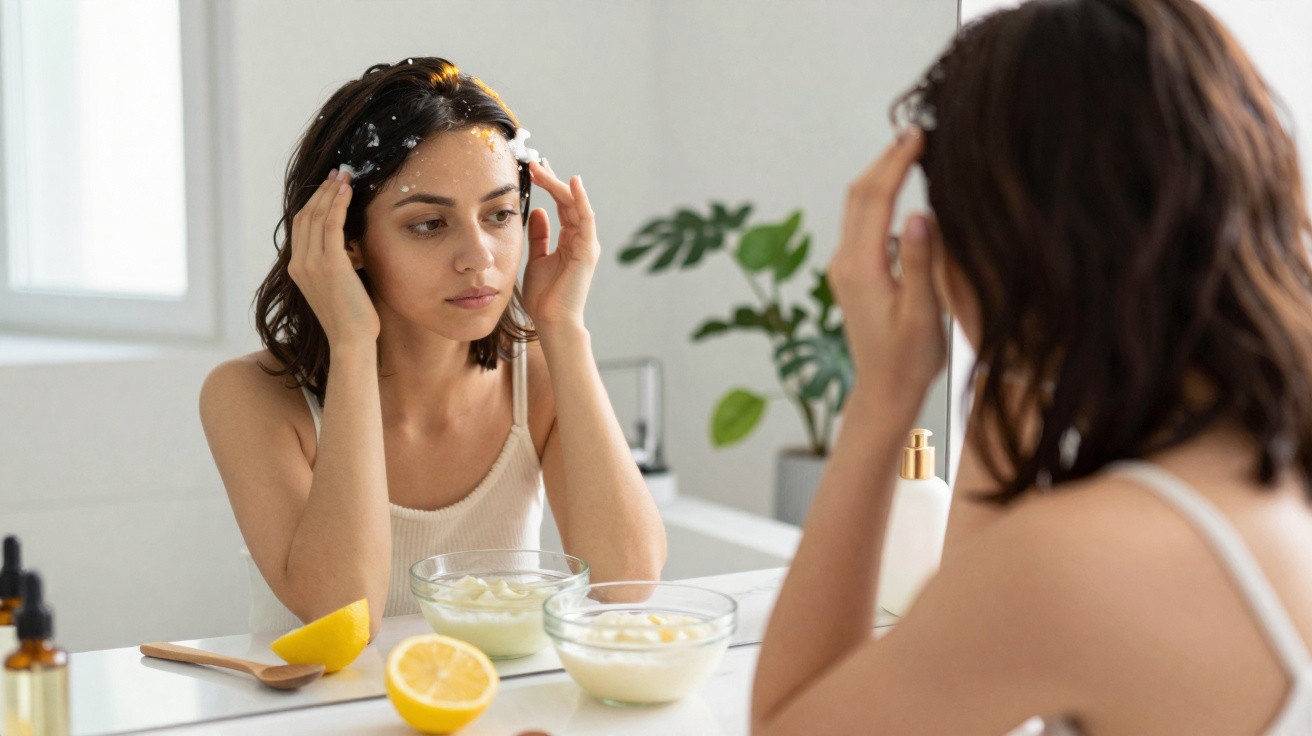 Mulher aplicando máscara facial caseira com ingredientes naturais em frente ao espelho do banheiro.