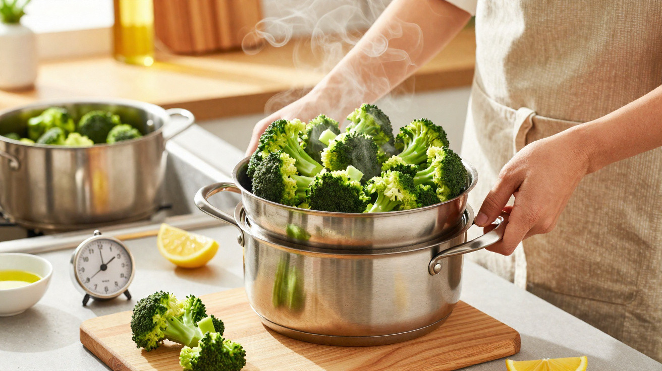 Pessoa segurando panela com brócolis cozinhando no vapor em cozinha iluminada e moderna.