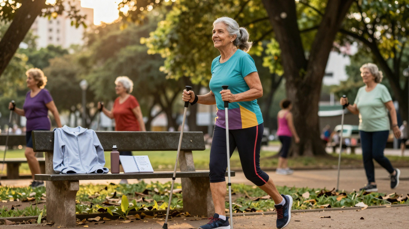 Grupo de idosas praticando caminhada com bastões em parque ao entardecer.