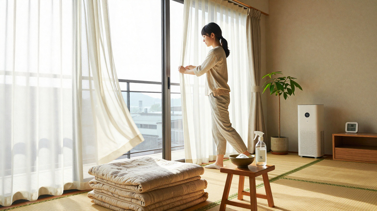 Mulher abrindo cortinas em sala de tatame com futons, planta e purificador de ar na luz natural.