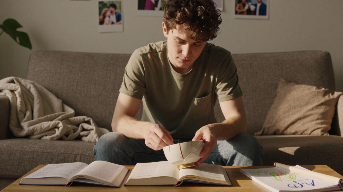 Jovem sentado no sofá restaurando tigela quebrada com técnica japonesa Kintsugi, com livros e desenhos na mesa.