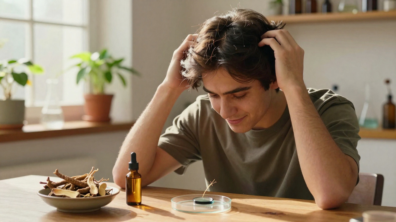 Jovem observando semente em placa de Petri com óleo essencial e raízes secas em mesa iluminada por luz natural.