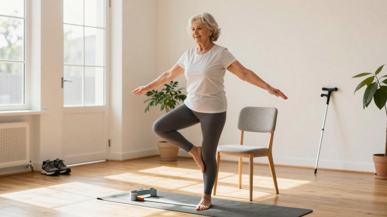 Mulher idosa praticando yoga em casa, equilibrando-se em uma perna sobre tapete, com cadeira ao lado.