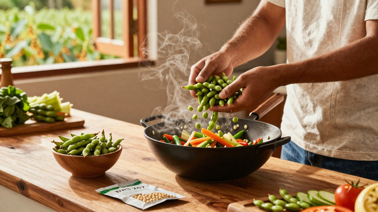 Pessoa colocando vagens verdes em panela grande com legumes coloridos na cozinha iluminada natural.