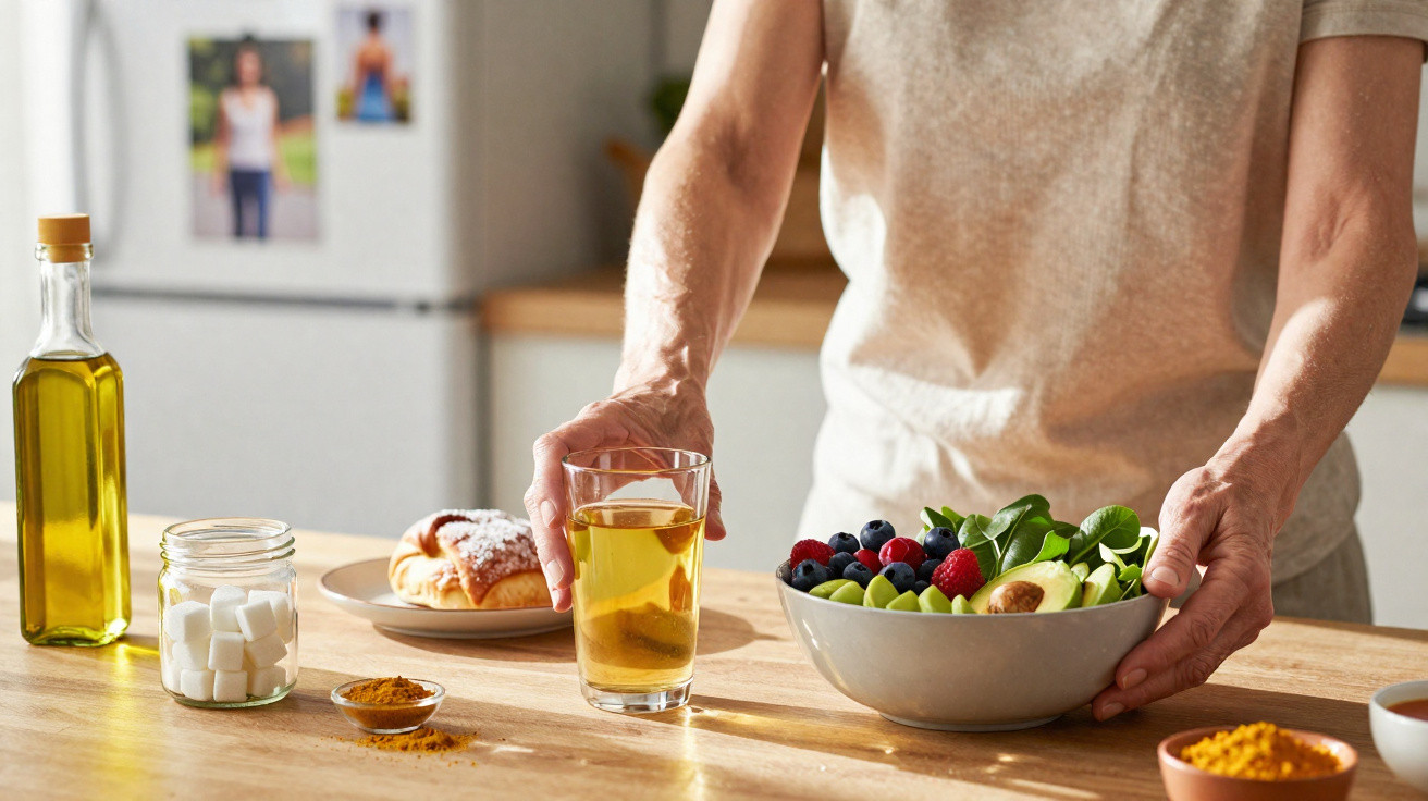 Pessoa segurando tigela com salada de frutas e chá ao lado de potes e pão na mesa de madeira.