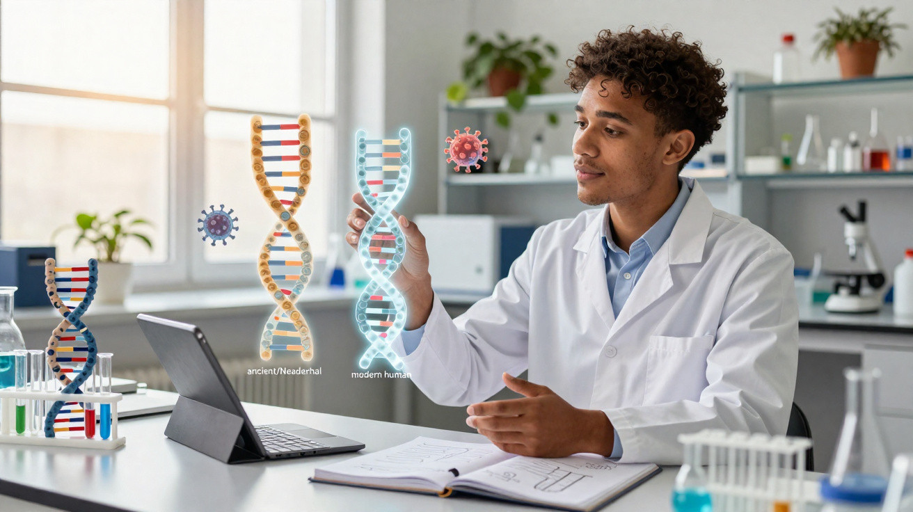 Pesquisador em laboratório analisando representações de DNA e vírus flutuantes em ambiente científico.