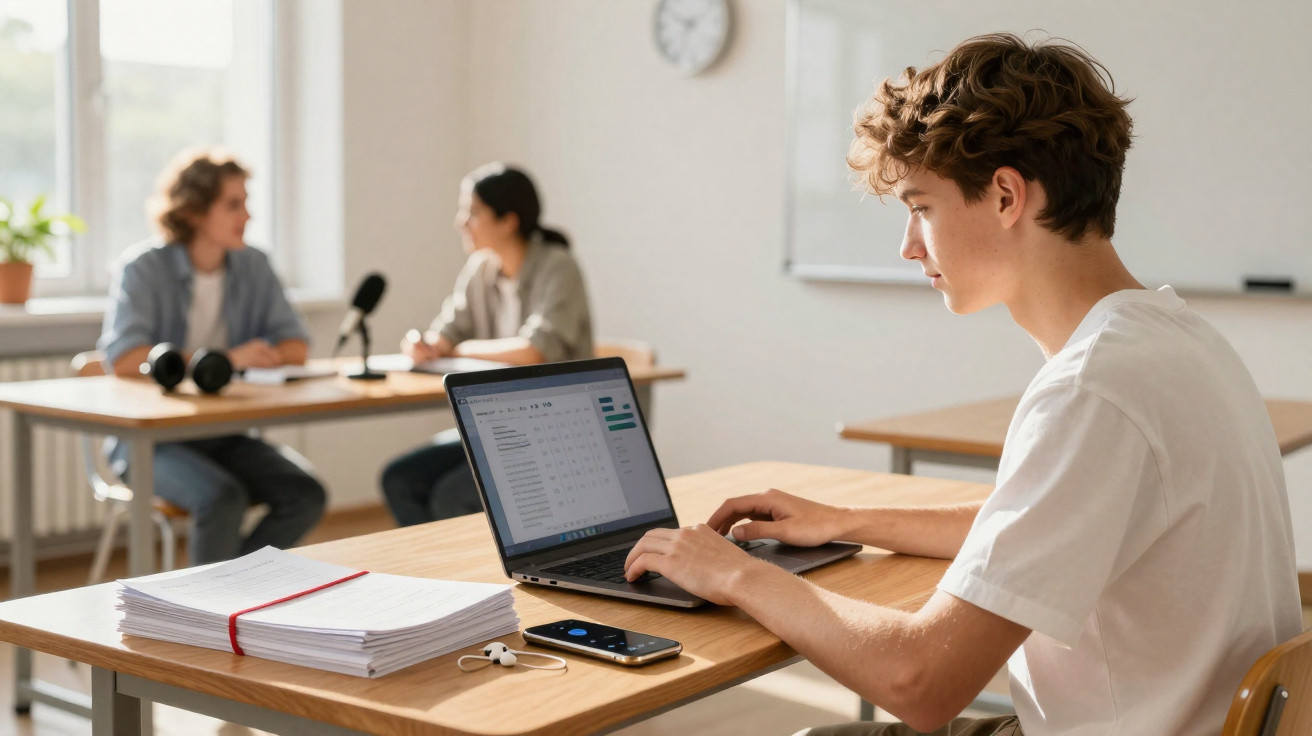 Jovem trabalhando em laptop em sala de aula, outras duas pessoas conversando ao fundo.