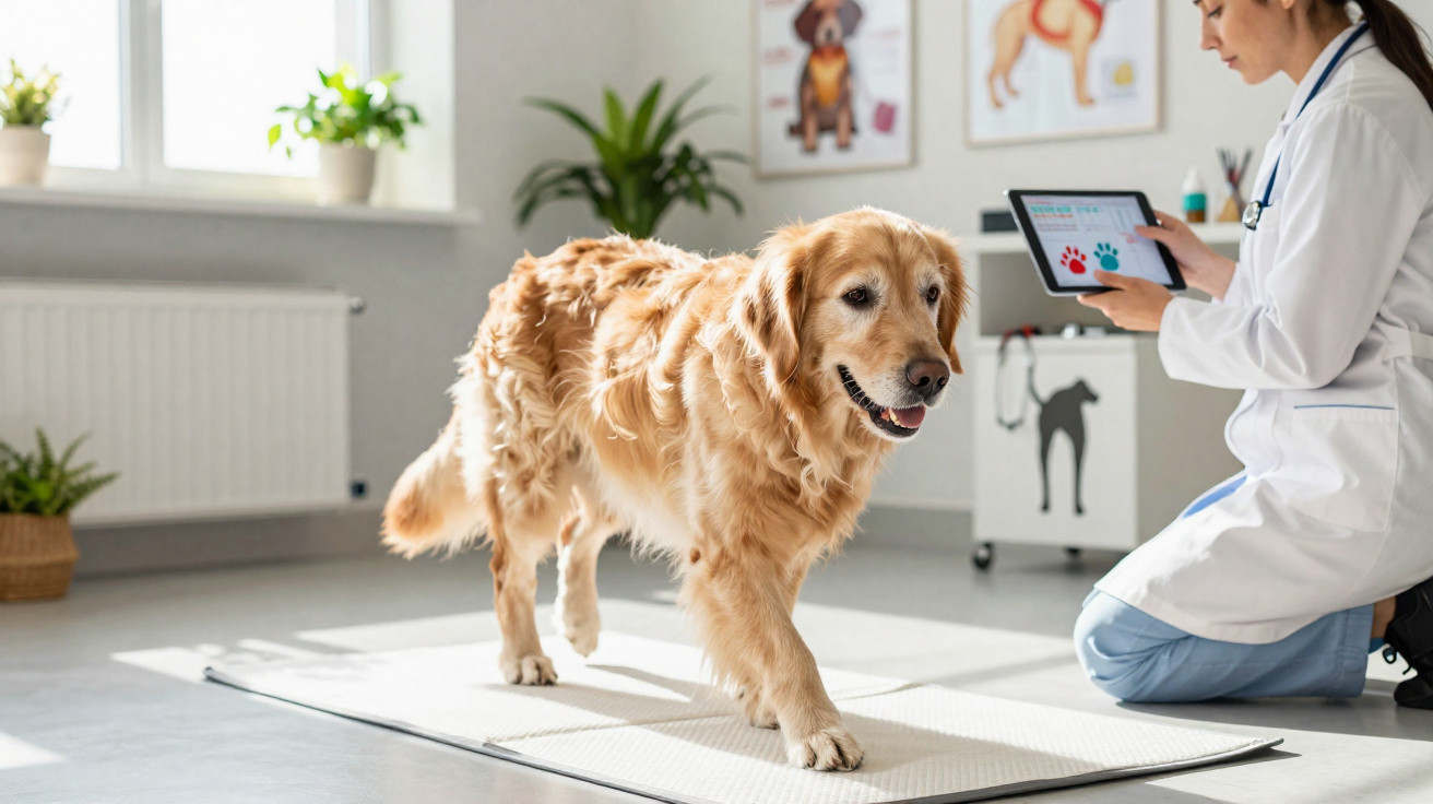 Veterinária usando tablet enquanto observa cachorro golden retriever caminhando em clínica animal iluminada.