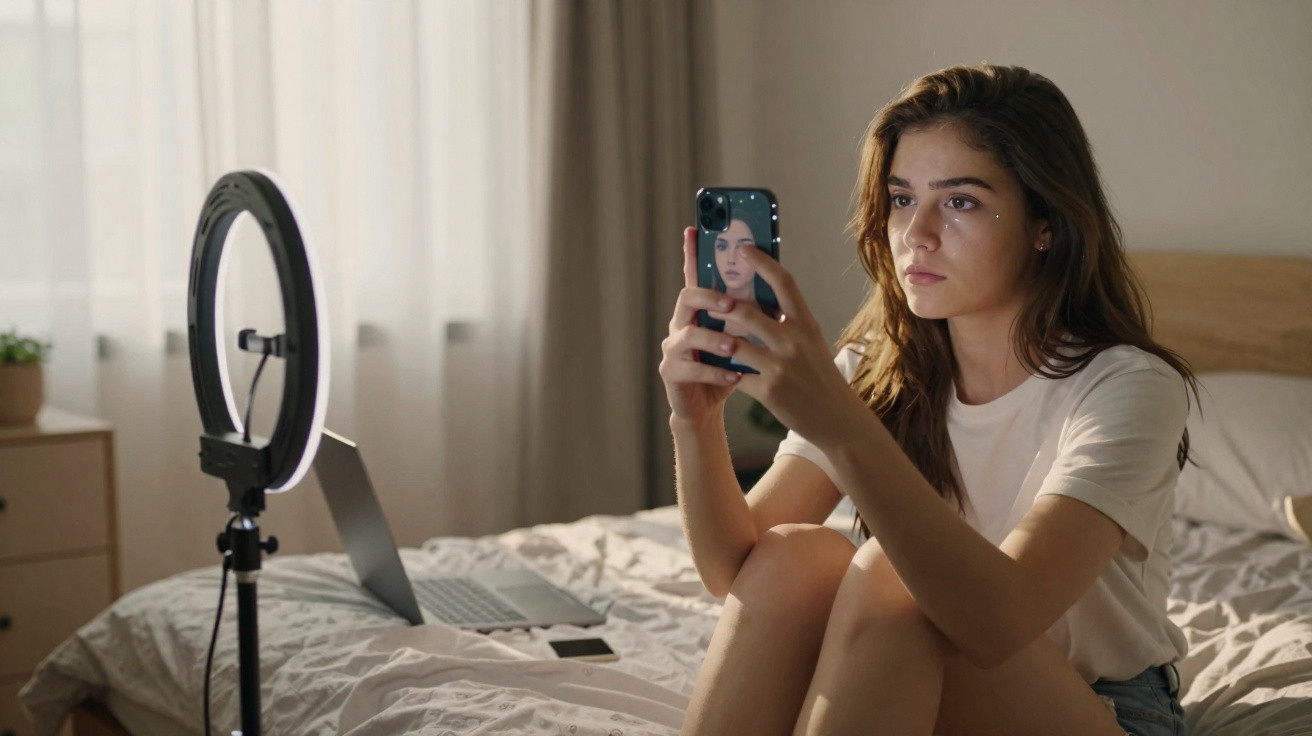 Jovem mulher sentada na cama gravando vídeo no celular com ring light e laptop ao fundo.