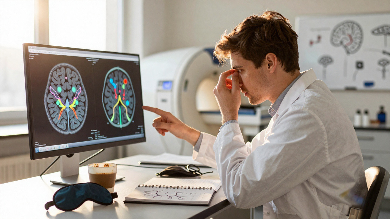 Homem em jaleco observa imagens de ressonância cerebral em monitores de computador em laboratório.