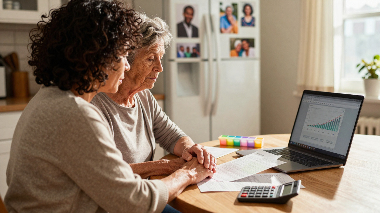 Duas mulheres analisando documentos e gráficos financeiros em um laptop à mesa da cozinha.
