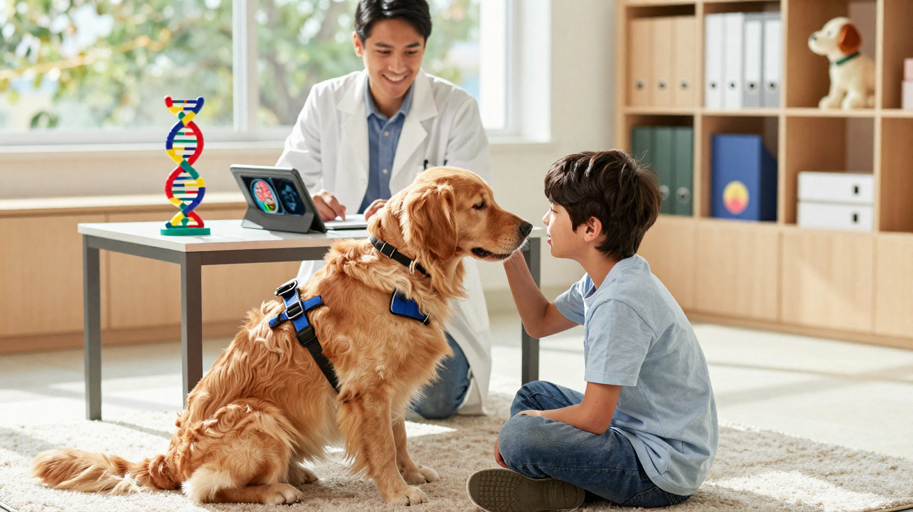 Menino acaricia cachorro sentado em tapete enquanto veterinário observa com modelo de DNA ao fundo.