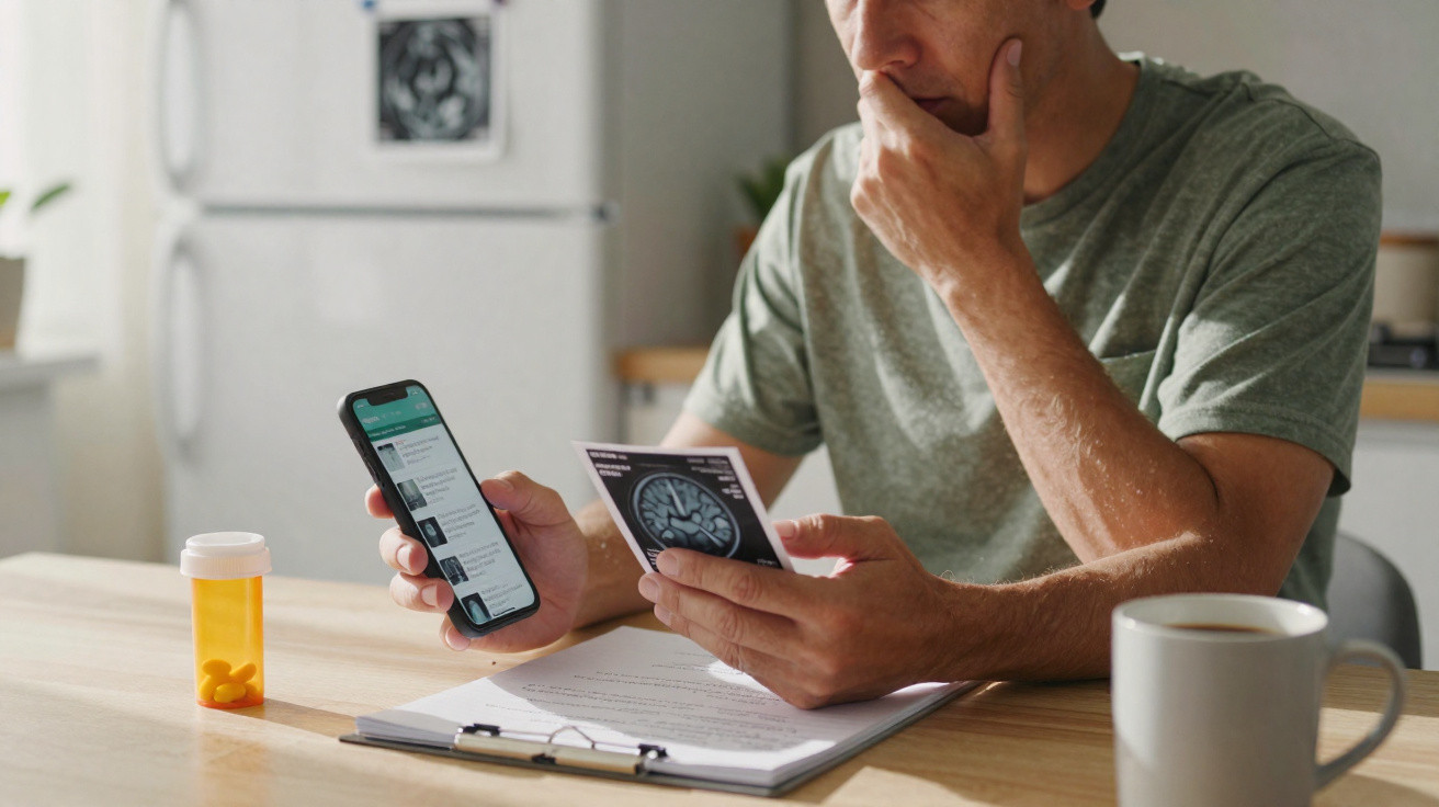 Homem sentado à mesa com remédio, segurando exame de cérebro e celular, aparentando preocupação.