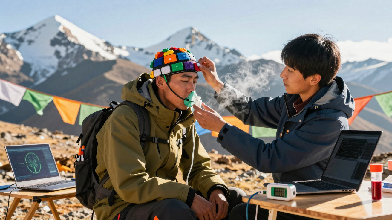 Dois homens em pesquisa científica ao ar livre nas montanhas, um com máscara de oxigênio e capacete colorido.