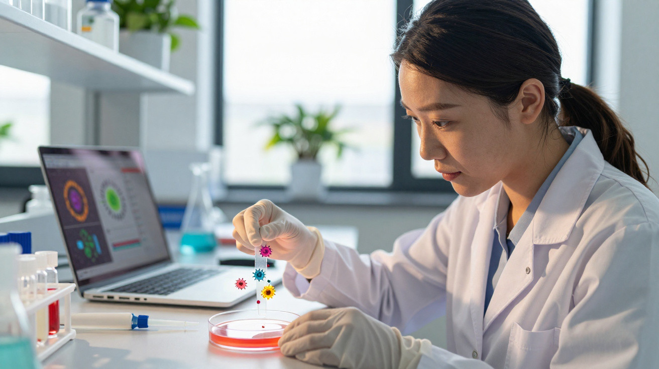 Cientista analisando cultura de vírus coloridos em placa de Petri em laboratório moderno com laptop aberto.