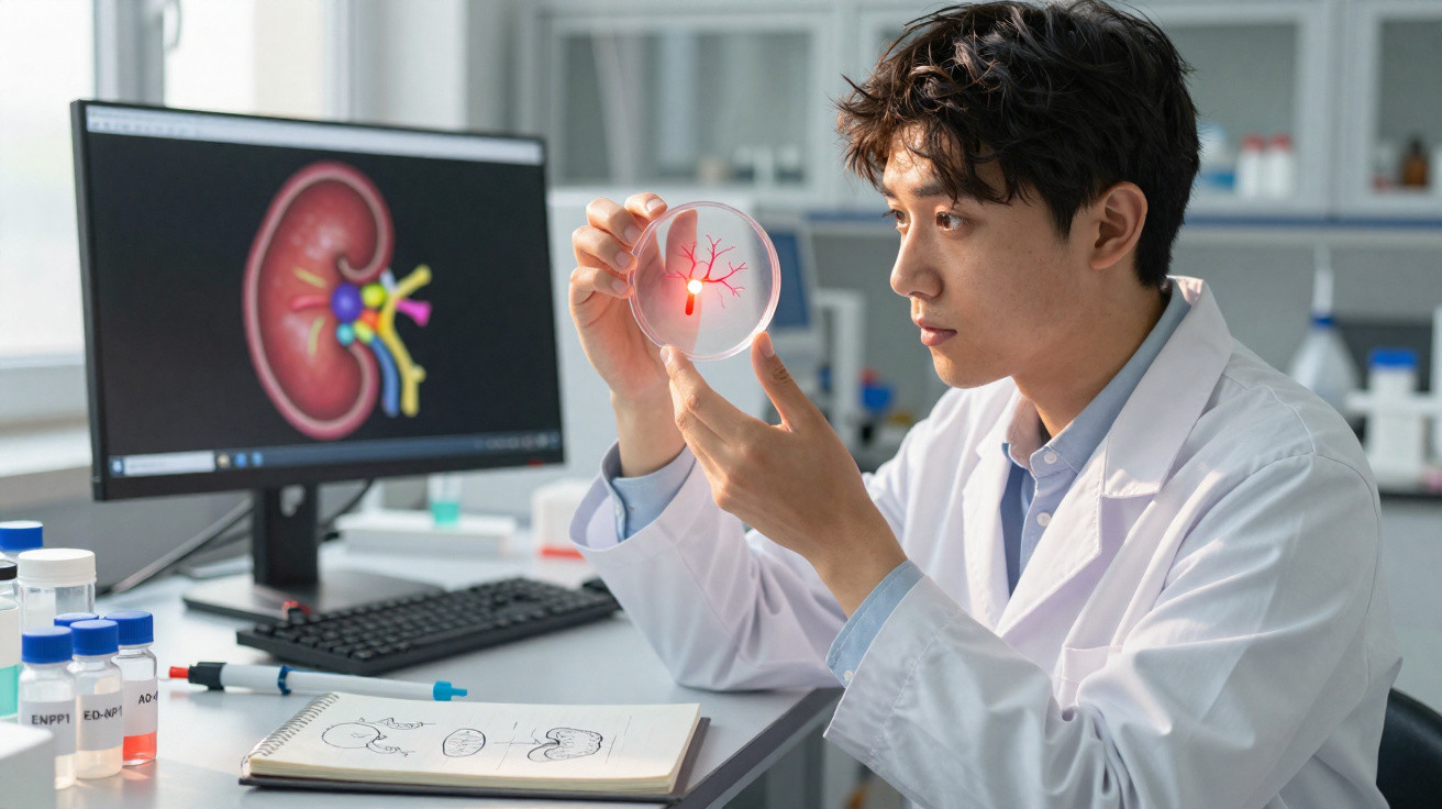 Cientista em laboratório analisa em placa pet estrutura de rim com imagem de rim no monitor ao fundo.