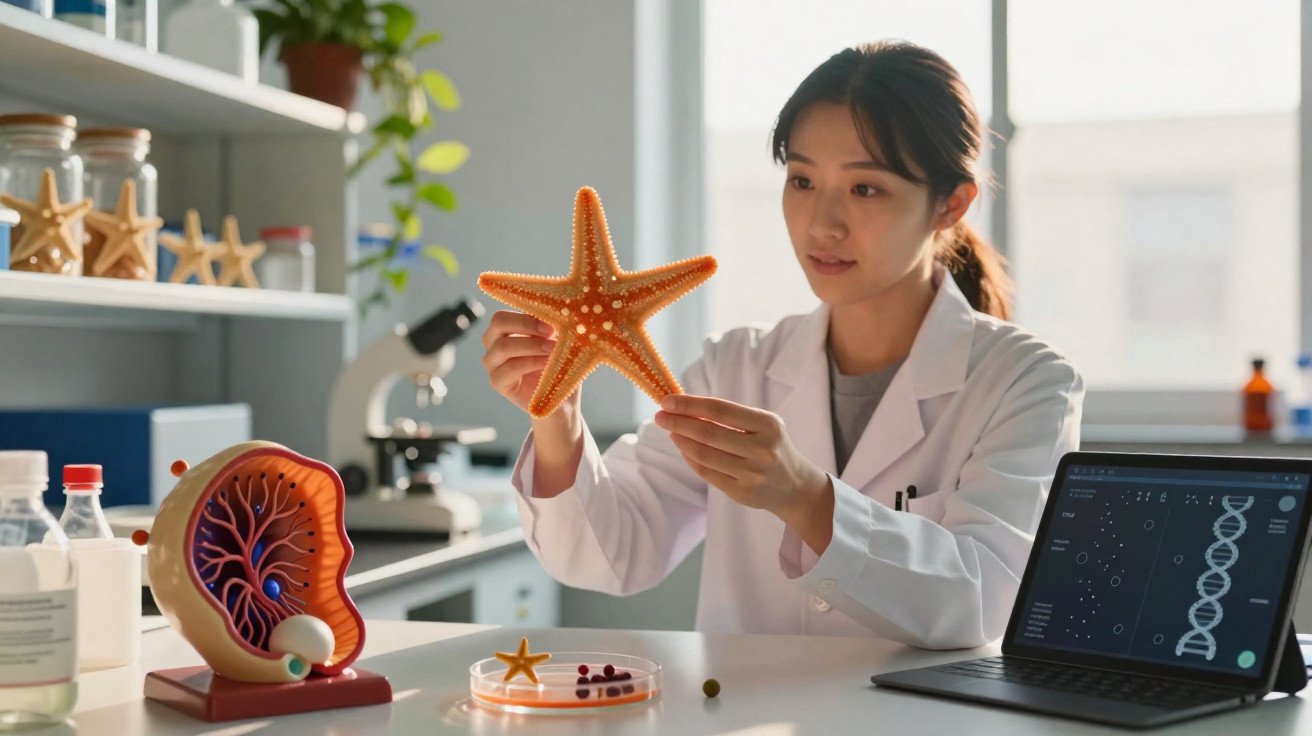 Mulher cientista em laboratório analisando uma estrela-do-mar laranja com modelo anatômico e laptop ao redor.