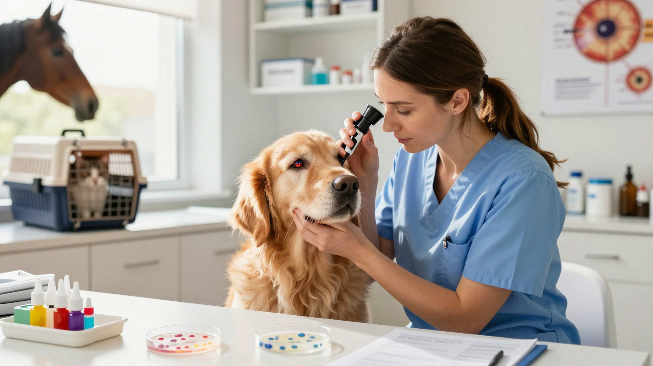 Veterinária examinando olho de cachorro dourado enquanto cavalo e gato aguardam na clínica.