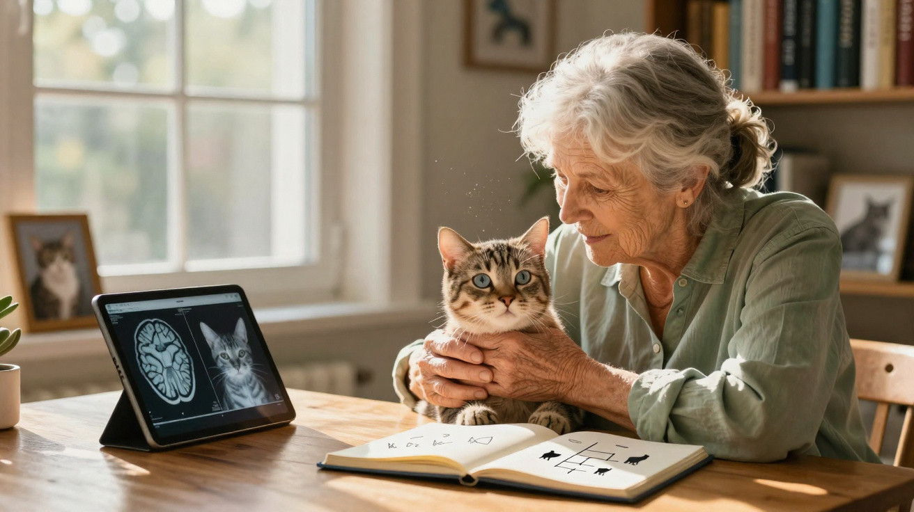 Mulher idosa segura gato em mesa com tablet mostrando imagens da cabeça do gato e livro aberto.