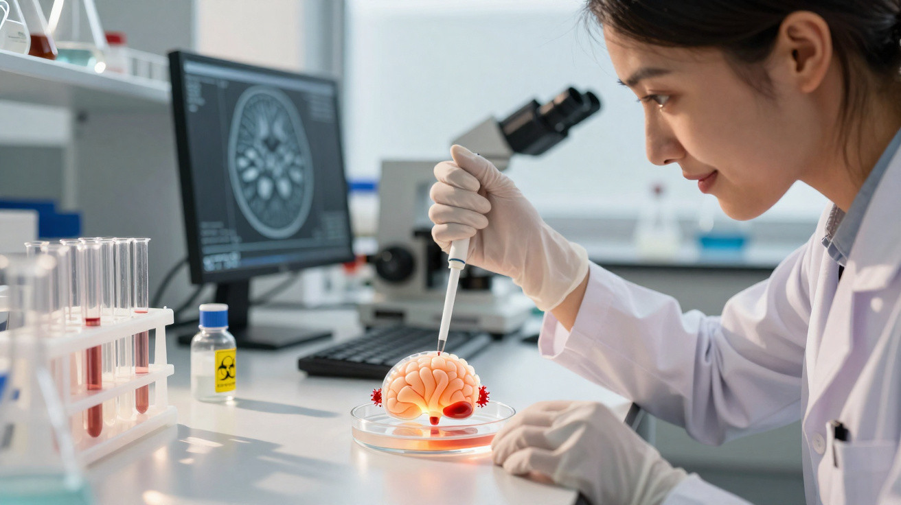 Pesquisadora em laboratório manipula mini cérebro em prato de Petri com pipeta, com equipamento de análise ao fundo.